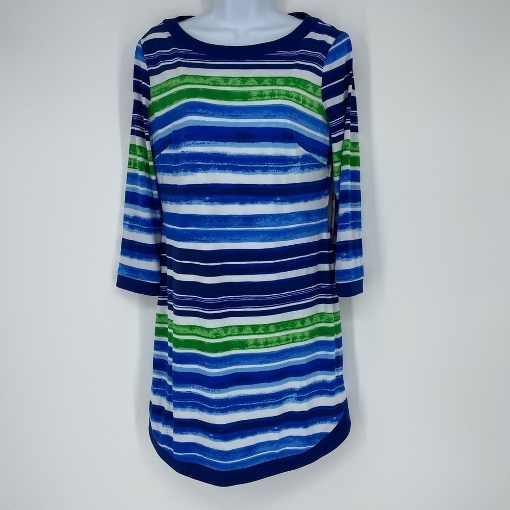 Vince Camuto Size 6 Boatneck Multicolored Lined Shift Dress Blue Green White